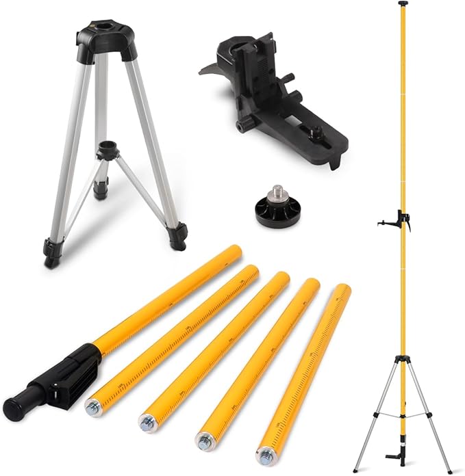 Laser Level Pole with Tripod, Telescoping Laser Level Tripod, 12 Ft./3.7M with 1/4-Inch by 20-Inch Laser Mount for Rotary and Line Laser Level, 5/8"-11 Adapter Nut Included