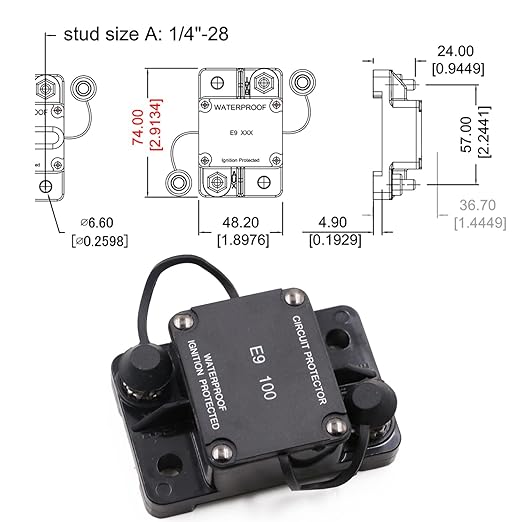Hi-Amp 100 Amp Automotive Circuit Breaker Auto Reset No Switch Button for Boat, Car Audio, Solar System, Battery Protection 12V-32V DC IP67