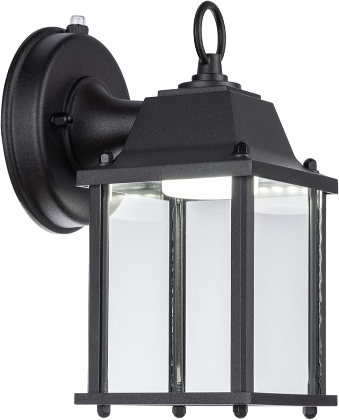 LIT-PaTH Dusk to Dawn Outdoor Wall Lantern, LED Wall Sconce, 5000K Daylight White, 9.5W, 800 Lumen, Aluminum Housing Plus Glass, Outdoor Rated, 2-Pack, Black