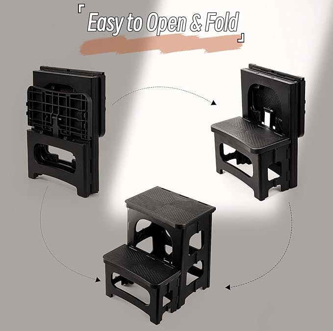 2 Step Stool Foldable, Non-Slip Steps, Folding Step Stool for Adults & Kids, Plastic Stool Pool Ladder, Collapsible Stools 2 Step Ladder for Kitchen Toilet Bedroom Office RV, Holds 330 lbs