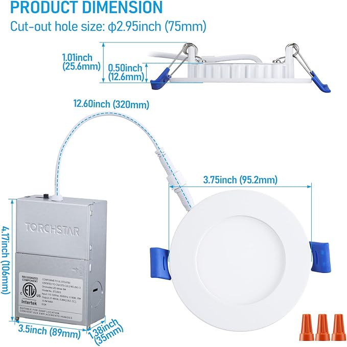 TORCHSTAR 5CCT 3 Inch Slim LED Recessed Lighting with Junction Box, CRI90 Dimmable 6W Ultra-Thin LED Recessed Light, 2700K-5000K Selectable, 450LM Downlight, ETL & Energy Star, Pack of 6
