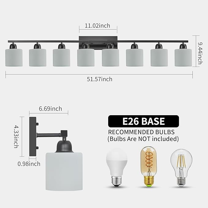 8 Light Black Bathroom Light Fixtures Over Mirror for Big Mirror, Modern Bathroom Lighting with Milky White Frosted Glass Shades,51 inch Lights for Vanity for Mirrors, E26