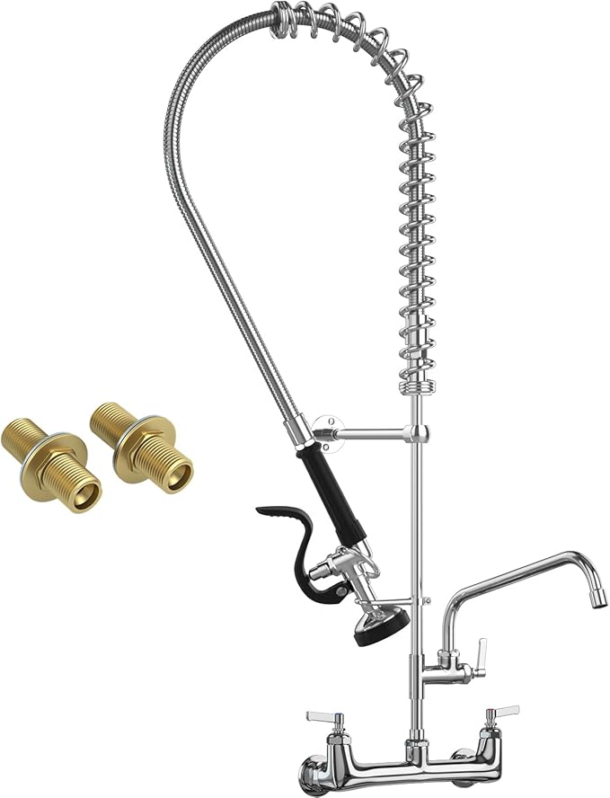 Commercial Faucet with Sprayer, 36" Height 8 Inch Center Brass Constructed Wall Mount Kitchen Sink Faucet with Pull Down Pre-Rinse Sprayer and 12" Swing Spout Fit for 2/3 Compartment Sink