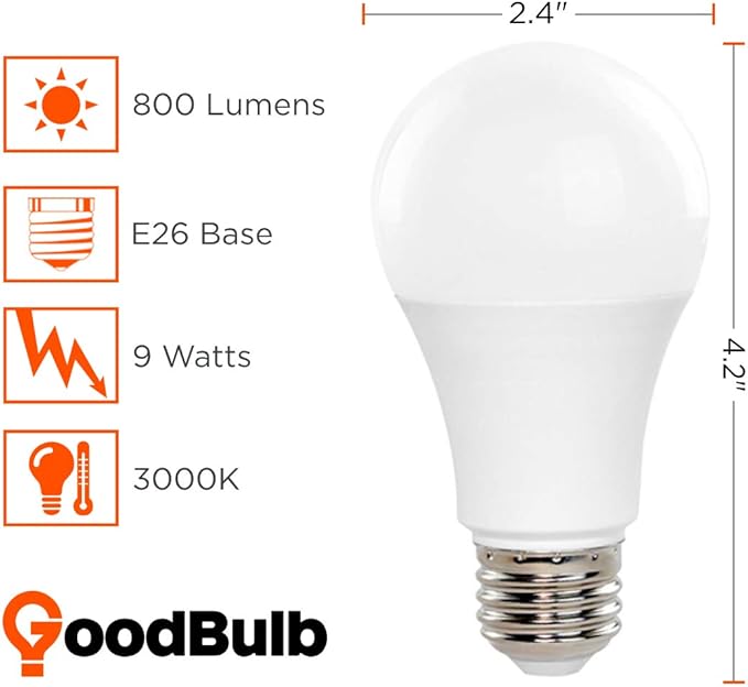 GoodBulb LED A19 Light Bulbs 9 Watt (60 Watt Equivalent) E26 Base Warm White 3000K EcoSmart Lights High Output 825 Lumens 6 Pack