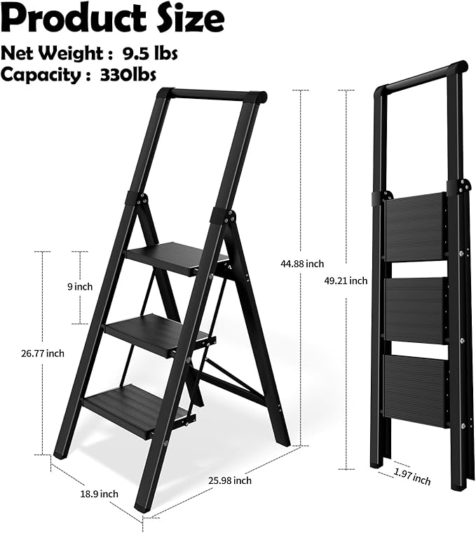 Taranta Step Ladder 3 Step Folding,Lightweight Portable Step Ladder with Anti-Split Pedal,Ladders with Convenient Handgrip,Aluminum Step Stool for Library, Home, Kitchen - Black