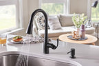 Moen Essie Matte Black Single Handle Pull-Down Sprayer Kitchen Faucet with Soap Dispenser, Reflex and Power Clean Technology, 87014BL