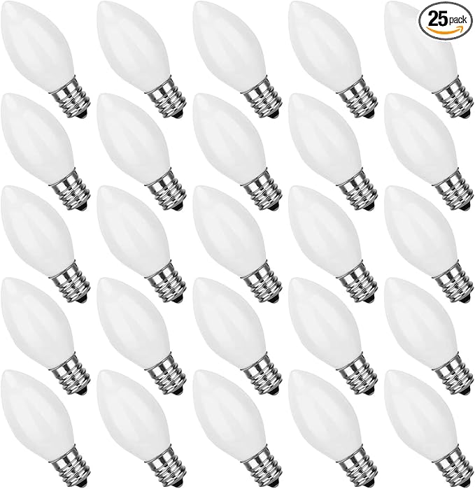 25 Pack C7 Ceramic Christmas Replacment Bulbs, White Light Bulbs for E12 Candelabra Base Outdoor/Indoor Christmas String Lights, 5 Watt