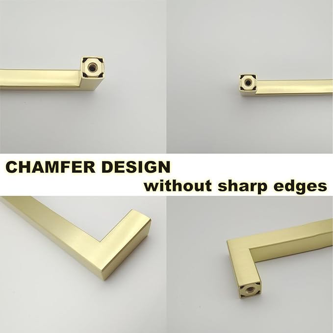 10 Pack Brushed Gold Cabinet Handles 3 3/4 Inch Hole Centers Square Cabinet Pulls Brass Plated Stainless Steel Kitchen Cabinet Handles Gold Hardware for Cabinets Drawer Pulls