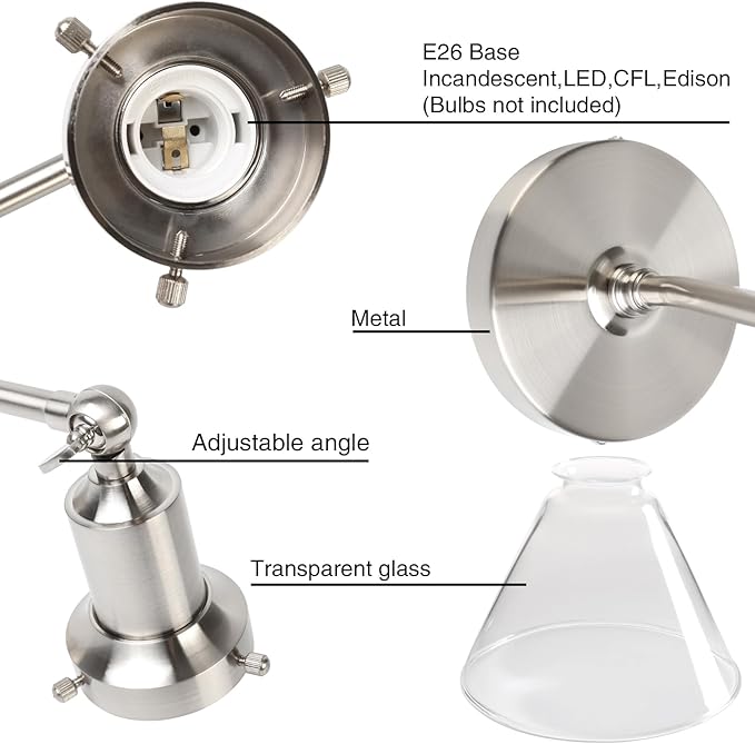 PERMO Industrial Vintage Slope Pole Wall Mount Single Sconce with Funnel Flared Clear Glass Shade Wall Sconce Light Lamp Fixture (Brushed)