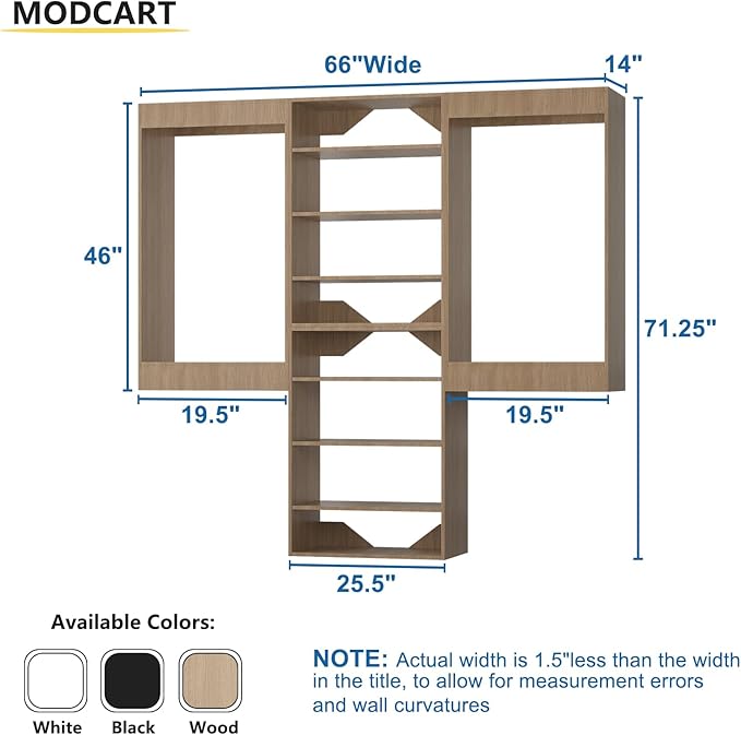 Modular Closet with 66" Width, Wooden Towers and Wall Mounted Hanging System for Bedroom Walk-in Closets