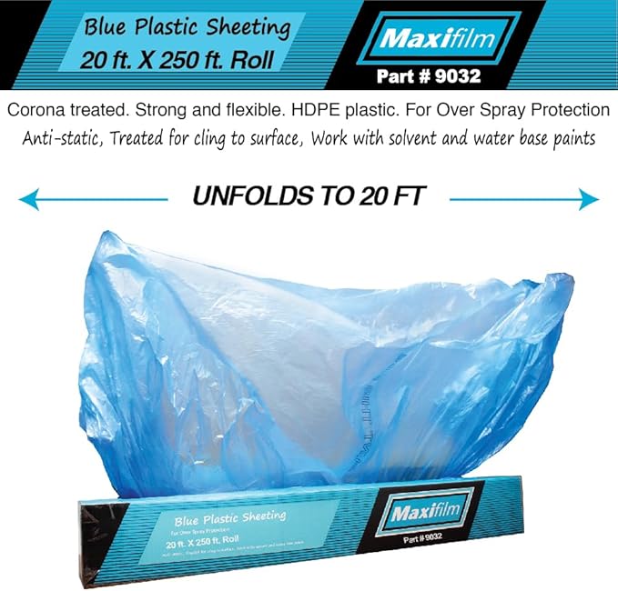 MAXIFILM 20ft x 250ft Roll of Blue Overspray Paintable Masking Plastic Sheeting -8 Micron, 0.3 Mil, Protective Masking Film Cover, Auto Painting, Cover Cloth Home Walls Furniture (4, 20ft x 250ft)