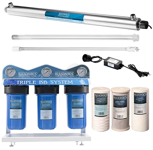 55W UV Ultraviolet Light Plus Sediment & Carbon Well Water Filter Purifier System with 3/4" Ports, 12 GPM UV with Bluonics Water Filter Housing System Size 4.5" x 10" Filters