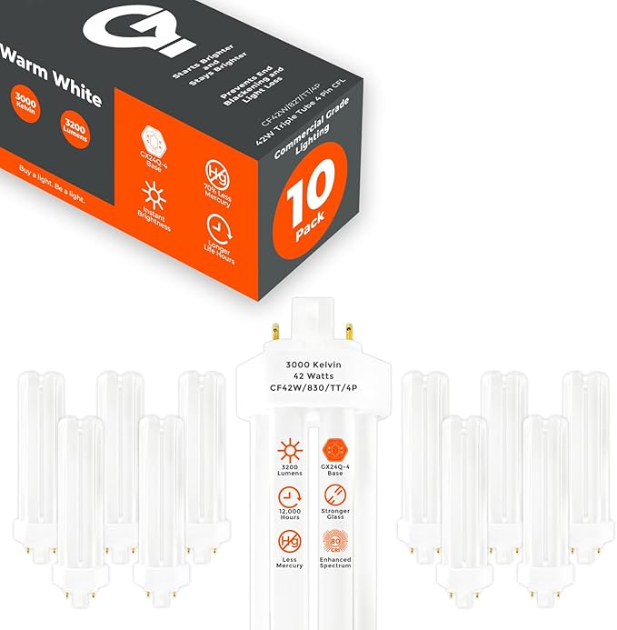 GoodBulb 42 Watt CFL Light Bulbs 4 Pin GX24Q-4 Base 3000K Warm White 42W High Output 3200 Lumens Triple Tube Compact Fluorescent Light Bulbs Plug-in 10 Pack