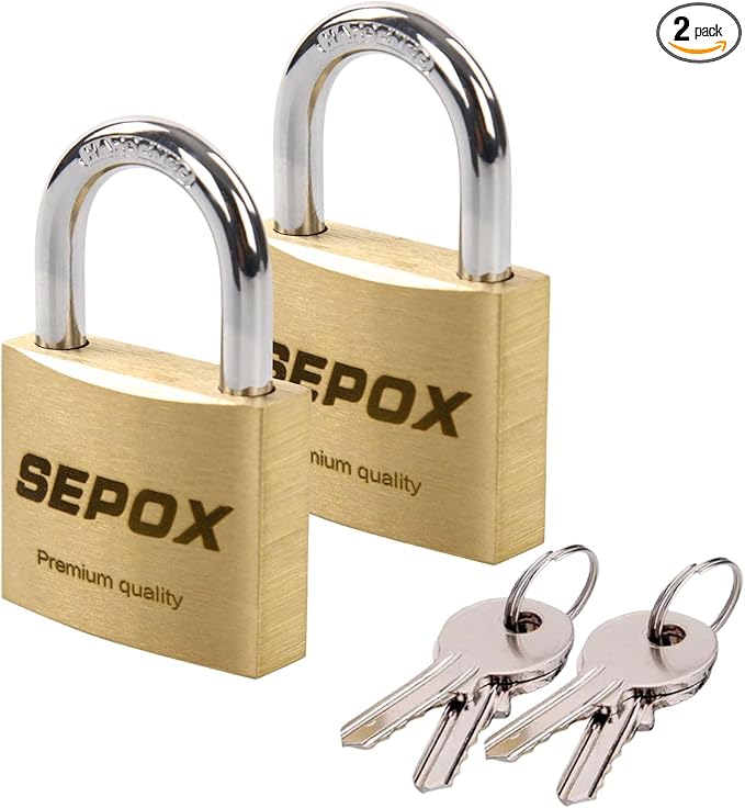 SEPOX® 2 Pcs Pack Premium Solid Brass Padlock with Same Keys 4 Pcs, Outdoor Waterproof & Heavy Duty, Size 40mm 1-9/16", Key with Big Handle, Keyed Alike for Gate, Gym Locker, Hasp, Tool Box