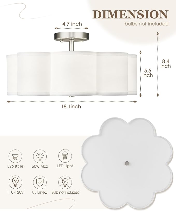 Semi Flush Mount Ceiling Lights, 4-Light 18" Ceiling Light Fixtures with Fabric Shade in Flower Shape, Brushed Nickel Farmhouse Drum Lighting for Nursery Bedroom Kitchen, AD-22009-4SF-SN