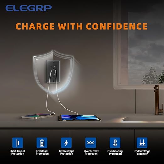 ELEGRP USB Wall Outlets, 15 Amp USB C Wall Outlets Receptacles, Outlets with USB A and C Ports, Tamper Resistant Receptacle, Wall Plate Included, UL Listed, 5 Pack, Black