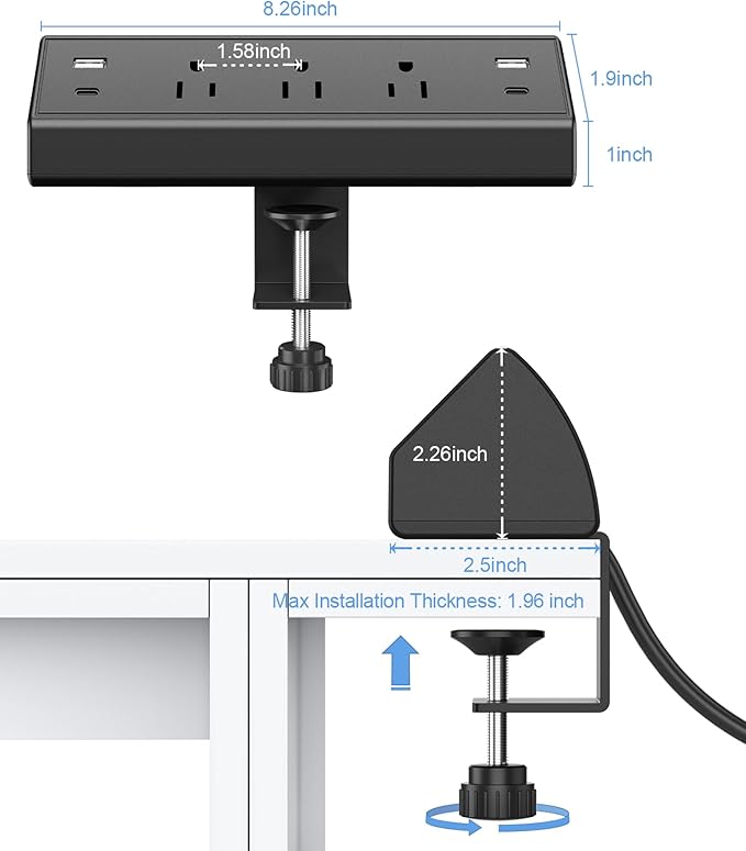 Jgstkcity Desk Clamp Power Strip,40W Total Fast Charging Station,2 PD 20W USB C Ports,Desk Edge Mount Surge Protector for Home, Office,3 Outlets,Fit 1.96" Tabletop Edge,ETL Listed