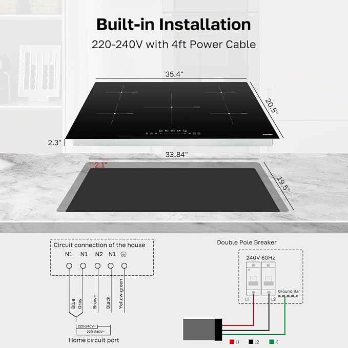 ThermoMate 36 Inch Induction Hob Electric Cooktop, 9800W Built in Induction Stove Top with 5 Boost Burners, 9 Heating Levels, Timer & Child Safety Lock, Sensor Touch Control, 240V