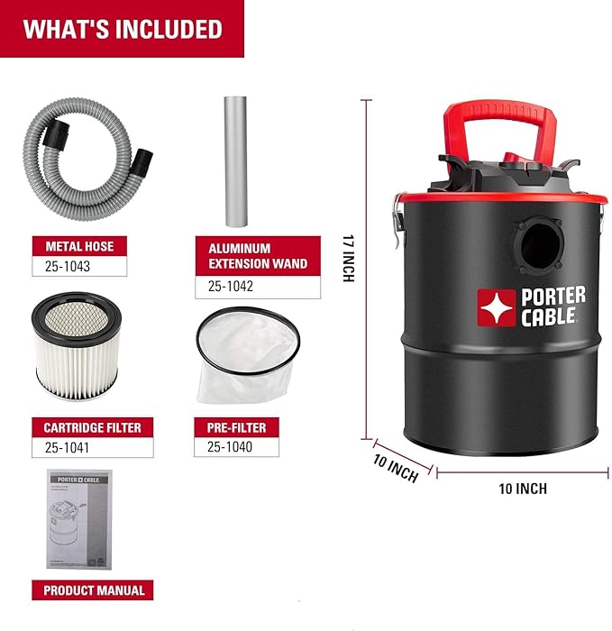 Porter-Cable 4 Gallon Ash Vac, 4 Peak HP Ash Vacuum with Powerful Suction for Fireplaces, Wood Burning Stoves, Bonfire Pits and Pellet Stoves