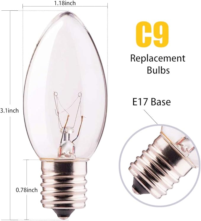 GOOTHY 25 Pack C9 Clear Christmas Replacement Light Bulbs, C9 Incandescent Replacement Bulbs for Outdoor Christmas String Lights, E17 Intermediate Base, 120V 7W Bulb, Warm White Night Light Bulbs