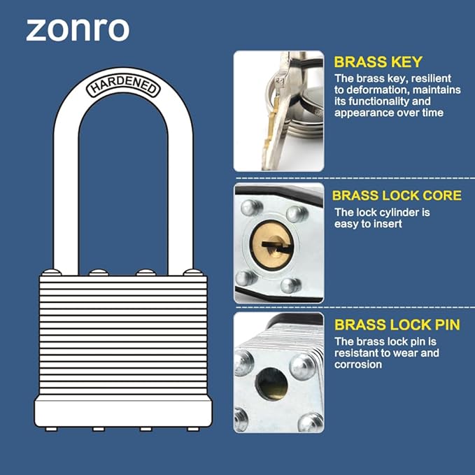 ZonRo Locks Laminated Steel Keyed Padlocks,Keyed Alike Locks, 1-9/16 inch Wide,Long Shackle Padlocks, Pack of 12，Yellow Hoop, for Hasp Latch, Sheds, Fences, Storage Locker, School, Gym