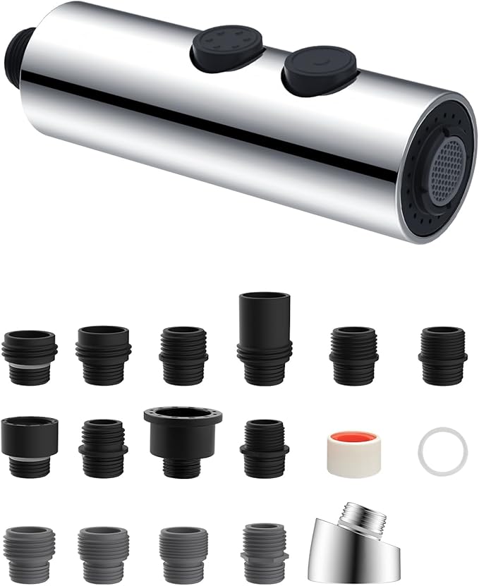 Hibbent Metal Pull Down Kitchen Faucet Head Replacement with 15 Adapters, Sink Spray Head, 2 Function Spray Nozzle Compatible with Moen, American Standard, Delta, Kohler Faucets, Chrome (Silver)