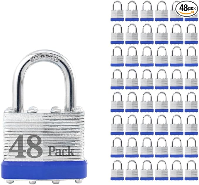 ZonRo Locks Laminated Steel Keyed Padlocks,Keyed Alike Locks, 1-9/16 inch Wide,Normal Shackle Padlocks, Pack of 48，Blue Hoop, for Hasp Latch, Sheds, Fences, Storage Locker, School, Gym…