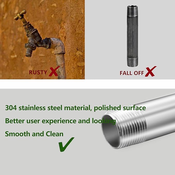 GeilSpace 3/4" x 16" Stainless Steel Pipe, 304 Pipe Nipple Fits Standard 3/4 Inch Threaded Pipes and Fittings, DIY Industrial Metal tube (2 PCS)