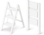 GameGem 3 Step Ladder, Folding Step Stool with Wider Pedal, Anti-Slip Feet & Non Slip Stripes, Aluminum Sturdy Material, 300Lbs Capacity, Elegant Look of Modern White Better Matches Your Home
