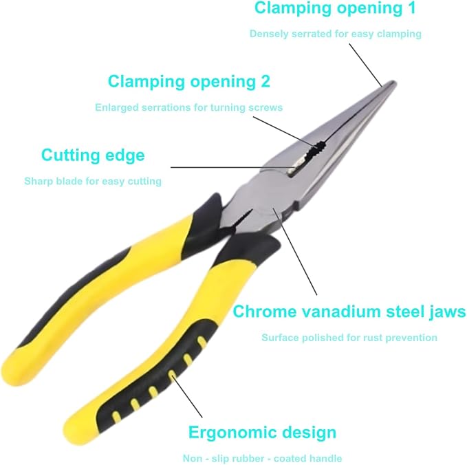 2pcs 6in & 8in Needle Nose Pliers: Paper Clamp Precision, Premium Heavy-Duty CRV Steel, Large Soft Grip with Wire Cutter,Chrome Vanadium Steel Long Nose Cutting Pliers
