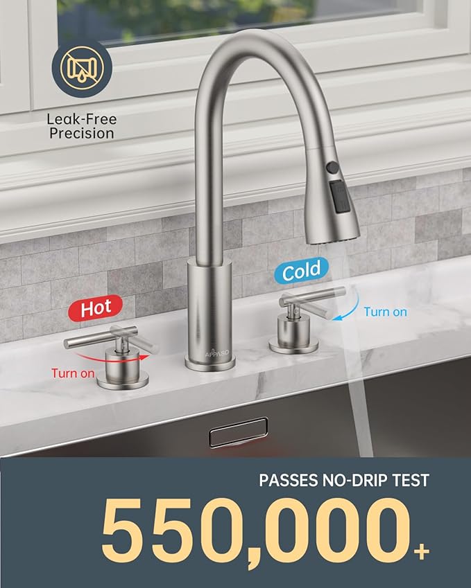 APPASO 2 Handle Kitchen Faucet, Brushed Nickel 3 Hole Kitchen Sink Faucet，Modern High Arc 3 Modes Stainless Steel Faucet for Kitchen Sink