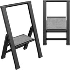 Step Ladder 1 Step Folding, Decorative - Beautiful Gray Wood & Black Aluminum, Ultra Slim Profile, Anti Slip Steps, Sturdy-Portable for Home, Office, Kitchen, Photography Use,by SORFEY