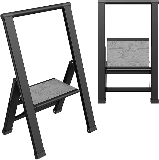 Step Ladder 1 Step Folding, Decorative - Beautiful Gray Wood & Black Aluminum, Ultra Slim Profile, Anti Slip Steps, Sturdy-Portable for Home, Office, Kitchen, Photography Use,by SORFEY