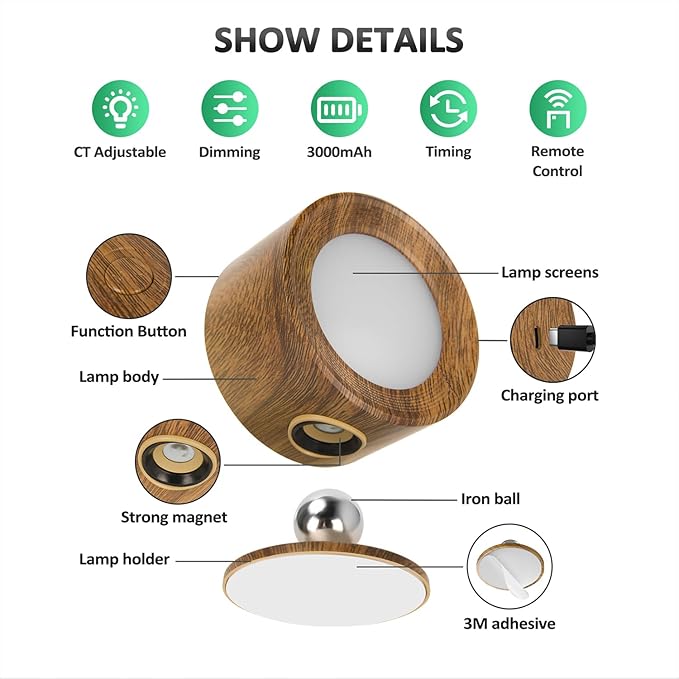 LED Wall Lights, Wall Lamp 3 Color Temperatures & Dimmable Magnetic 360° Rotation with Remote, Wall Sconces 3 Pcs with 3000mAh Rechargeable Battery, Cordless Wall Light for Reading Bedside Hallway