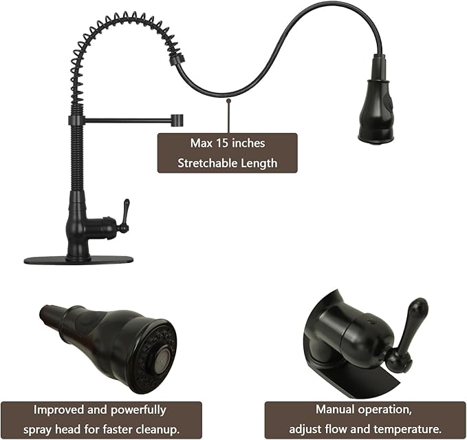 Akicon Pre-Rinse Spring Kitchen Faucet, Single Handle Solid Brass High Arc Pull Down Sprayer Head Kitchen Sink Faucet with Deck Plate