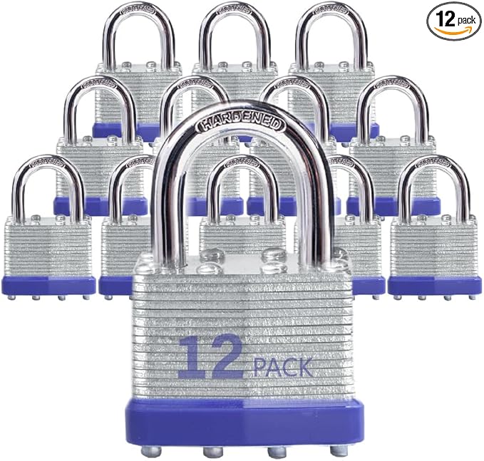 Lock Outdoor Padlocks, Key Lock, Padlocks with Same Key - Laminated Steel Keyed Padlocks with Normal Shackle, 12 Pack, for Hasp Latch, Sheds, Fences, Storage Locker, School, Gym