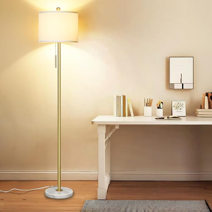 【Upgraded】 Dimmable Gold Floor Lamps for Living Room, 63in Modern Standing Lamp with Marble Base, Tall Pole Light with White Linen Shade for Bedroom Reading Office Corner Nursery