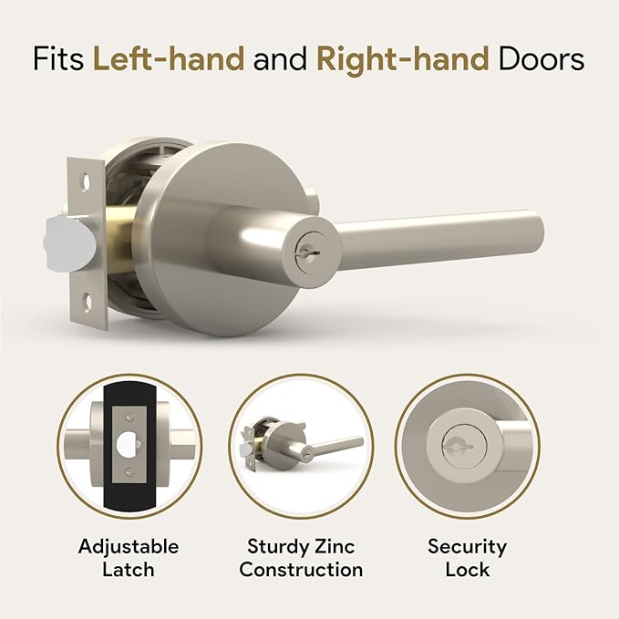 Mega Handles Ronn Entrance Entry Lever Door Handle Heavy Duty Round Locking Lever Set for Left or Right-Handed Doors, Interior/Exterior Door Levers - Satin Nickel