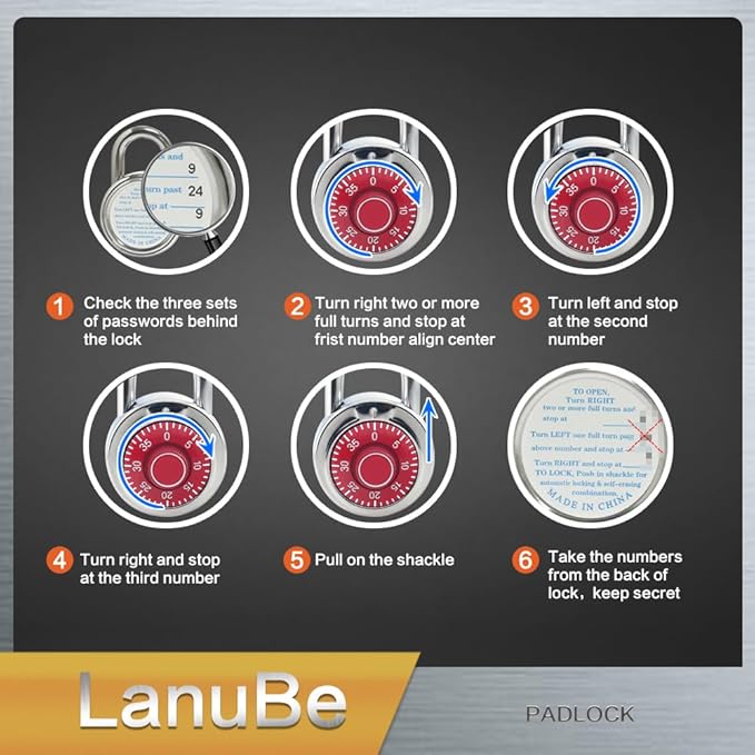 LanuBe Standard Dial Combination Lock, 2 in. Wide, with Different Combinations, Red Turnplate, Pack of 16; Lock for School, Employee, Gym Sports Locker, Case, Toolbox