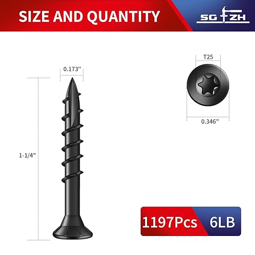 #8 x 1-1/4" Deck Screws (1197Pcs) 6lb. Exterior Wood Screws. Carbon Steel, Black, Flat Head, Rust Resistant epoxy Coated, with T25 Star Bit
