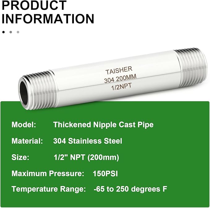 TAISHER 2PCS Stainless Steel Pipe Fittings, 1/2" NPT Male x 1/2" NPT Male Threaded, 8" Length Thickened Nipple Cast Pipe