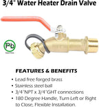 Full Port Brass 3/4" MNPT Water Heater Drain/Flush Ball valve(2 inch Shank, LF Compliant, 180 Degree Handle, w/Garden Hose Cap)