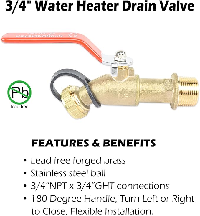 Full Port Brass 3/4" MNPT Water Heater Drain/Flush Ball valve(2 inch Shank, LF Compliant, 180 Degree Handle, w/Garden Hose Cap)