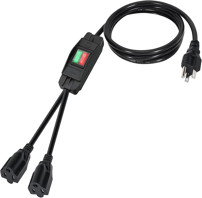Black 2 Way Extension Cord with On/Off LED Switch, Fiabtool 3 Prong Extension Cord Splitter, Heavy Duty Plug Splitter, SJTW 18AWG 10A/125V, Indoor Use (6.56 Ft, Black)