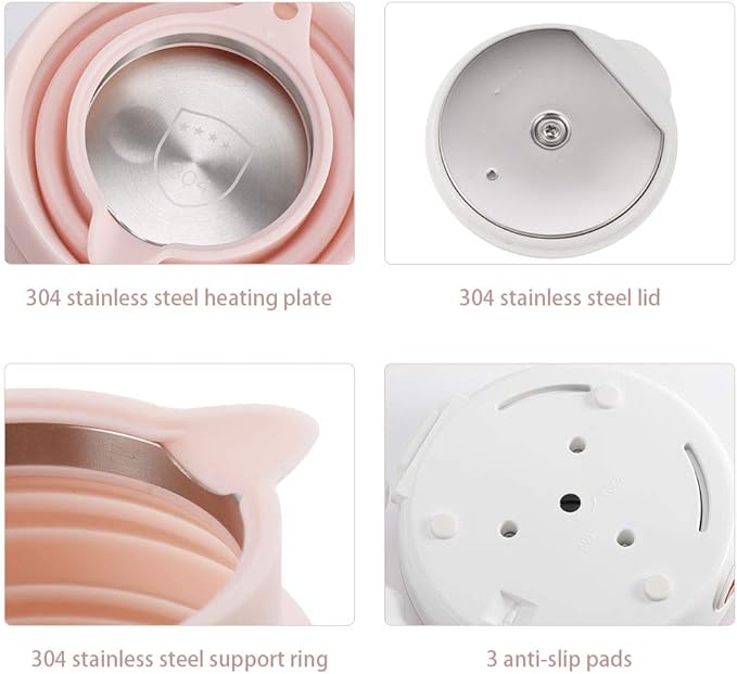 Ultrathin Upgraded Food Grade Silicone Travel Foldable Electric Kettle Boil Dry Protection Portable with Dual Voltage and Separable Power Cord,555ML 110-220V US Plug