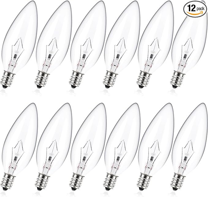 E12 60 Watt Incandescent Candle Light Bulbs, Chandelier Light Bulbs for Ceiling Fan, Vanity, Outdoor - Warm White 2500K, 500 Lumen Dimmable B10 Clear Candelabra Base Bulbs (12 Pack)
