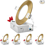 LUXRITE 4 Inch Ultra Thin LED Recessed Light with J-Box, 10W, 5 Color Options 2700K | 3000K | 3500K | 4000K | 5000K, Dimmable Wafer Lights, 750 Lumens, Brass Trim, Energy Star, IC Rated (4 Pack)