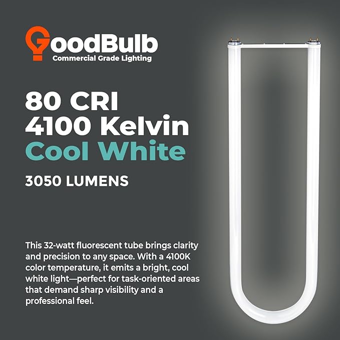 GoodBulb 32 Watt 6 Inch T8 Fluorescent U-Bend Light Bulb 4100K Cool White Medium Bi-Pin Base High Output 3050 Lumens 32W 10000 Life Hours 80 CRI (Pack of 20)