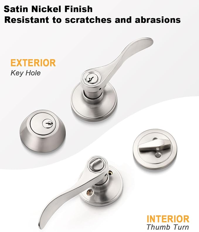 Gobrico Wave Entry Door Levers and Single Cylinder Deadbolt Combination Lockset Brushed Nickel Finished Keyed Alike Entrance Door Locks Front Door Leversets 3Pack
