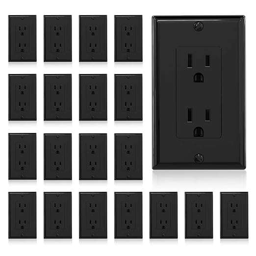 ELEGRP Decorator Receptacle, 15A 125V Standard Electrical Wall Outlet, 2 Pole 3 Wire, Non-Tamper Resistant, NEMA 5-15R, Self-Grounding Residential Grade, w/Wall Plate, UL (Glossy Black, 20 Pack)